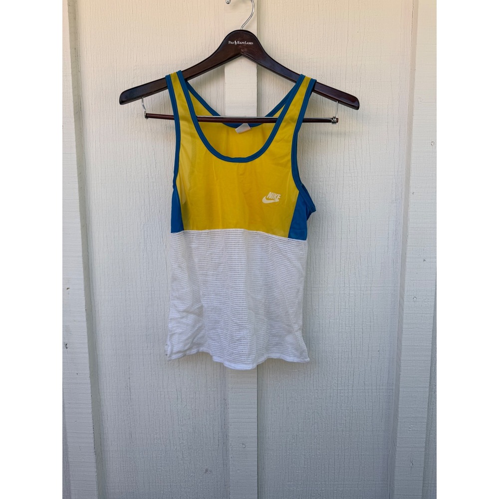 Vintage 80s Nike Sportswear Mesh Tank Top Yellow Blue White Made in USA Small